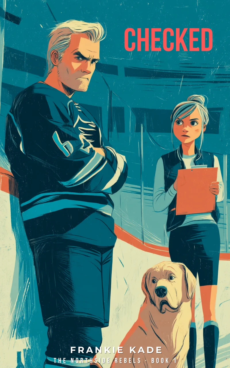 Checked by Frankie Kade — illustrated hockey player leaning against rink boards with arms crossed, a woman holding a clipboard, and a golden retriever. Book 1 of The Northside Rebels.