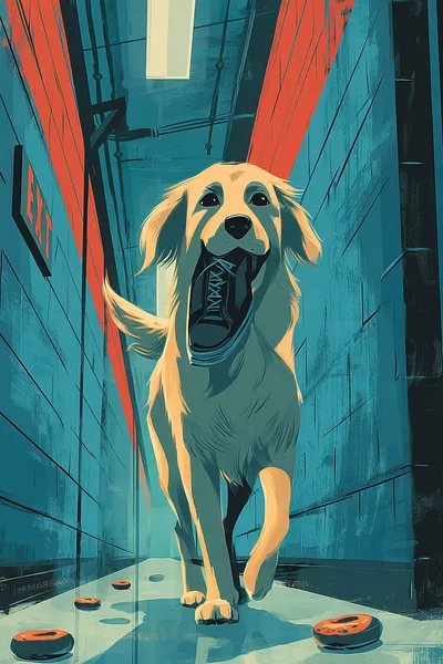Illustrated golden retriever trotting down a hockey arena hallway carrying a stolen shoe, looking incredibly smug